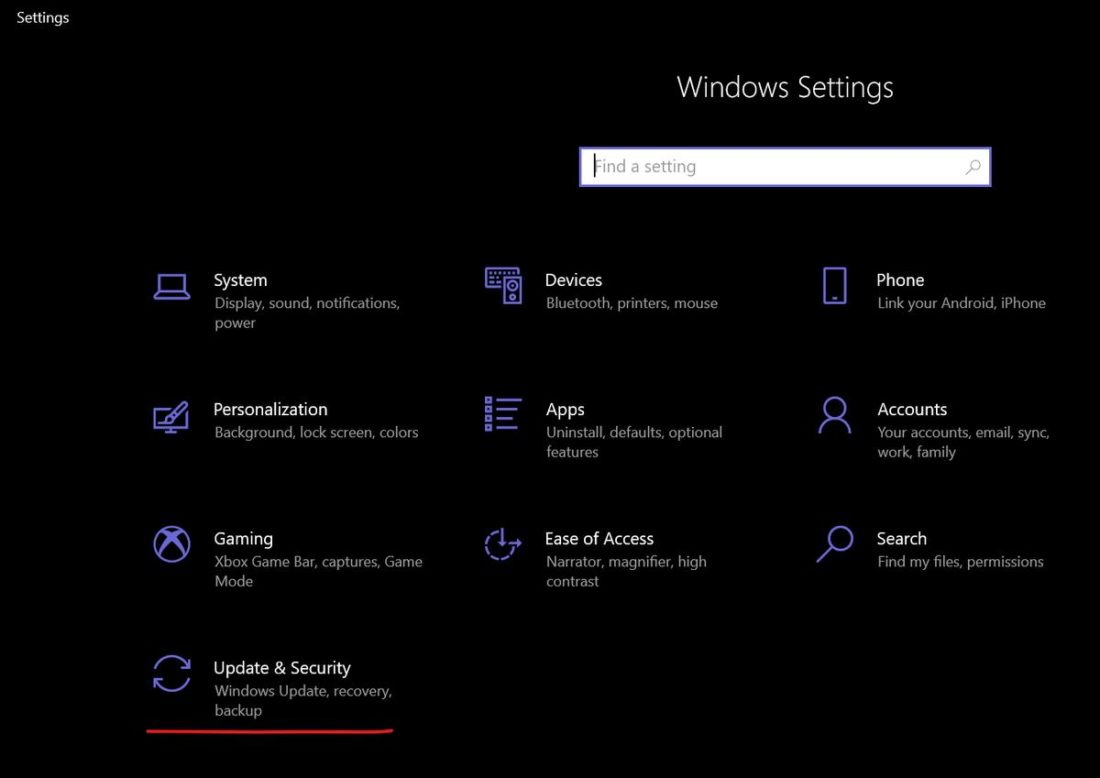 Configuración de Windows con las actualizaciones y la seguridad resaltadas