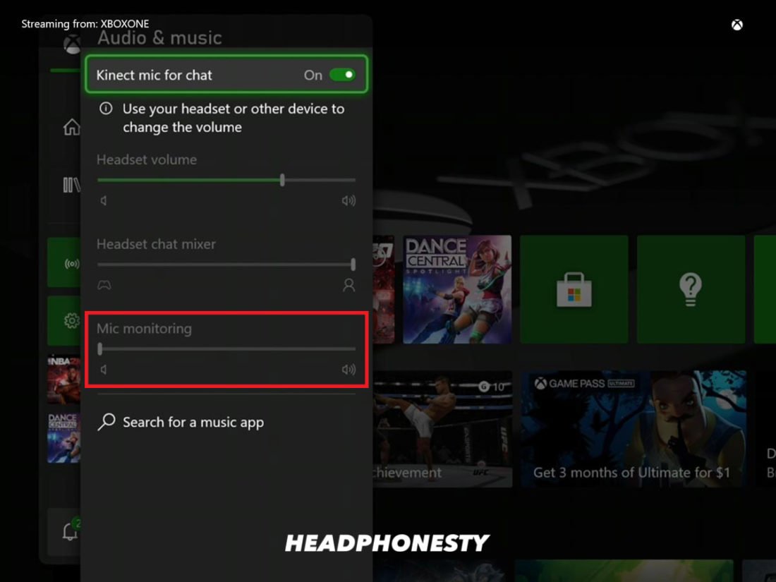 Controlador de volumen de monitorización del micrófono de Xbox