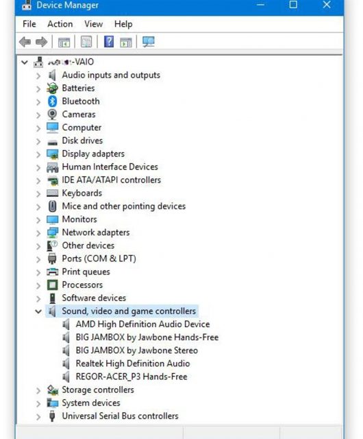 "Administrador de dispositivos" ventana con "sonido, vídeo y mandos de juego" sección ampliada.
