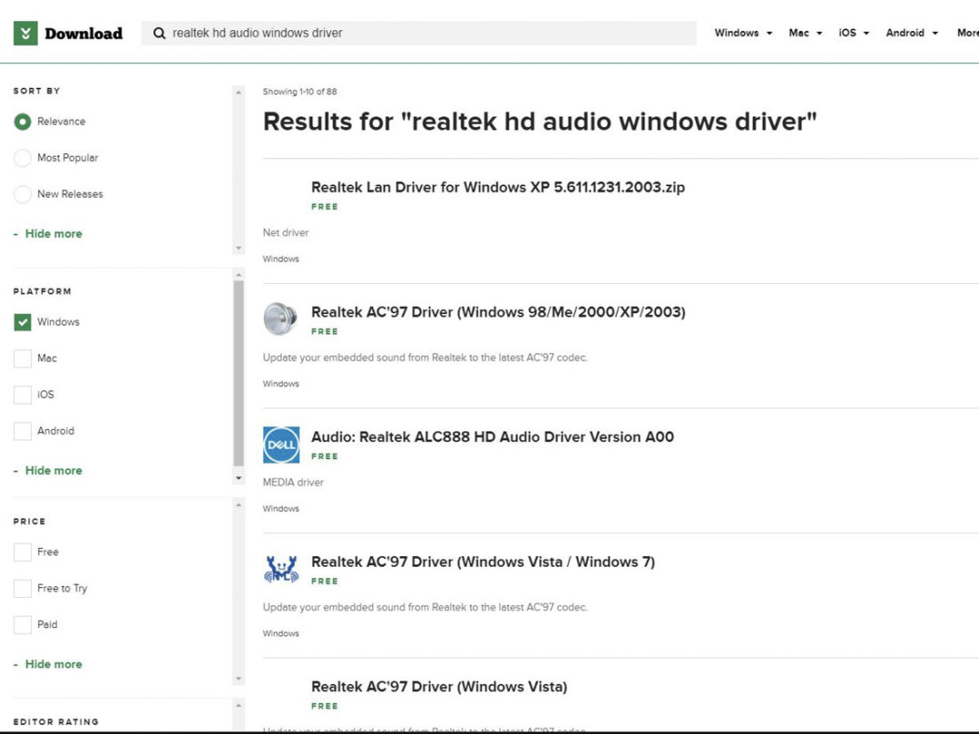 Página de resultados de la búsqueda de Realtek HD Audio Windows 10 en Download.com