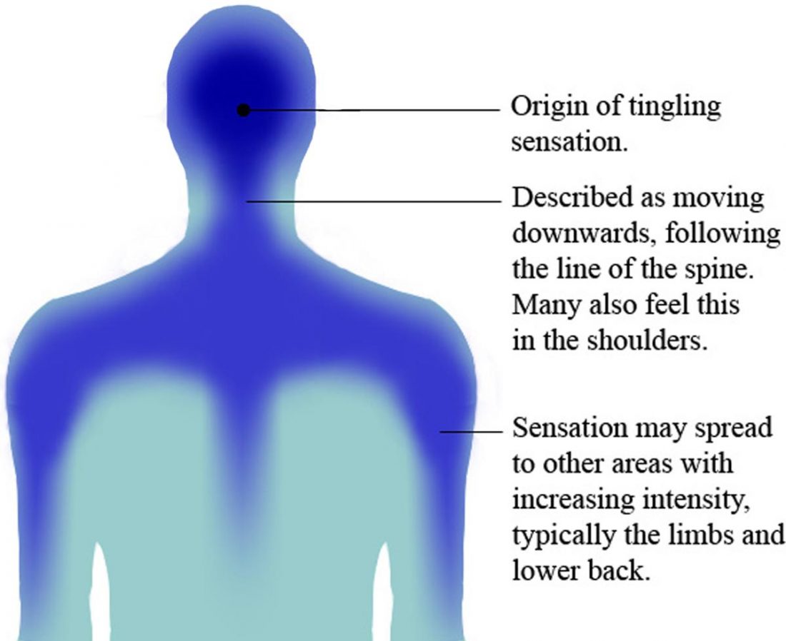 El hormigueo suele empezar en la parte posterior de la cabeza, baja por la columna vertebral y se extiende a los hombros, los brazos y las piernas (De PeerJ.com)